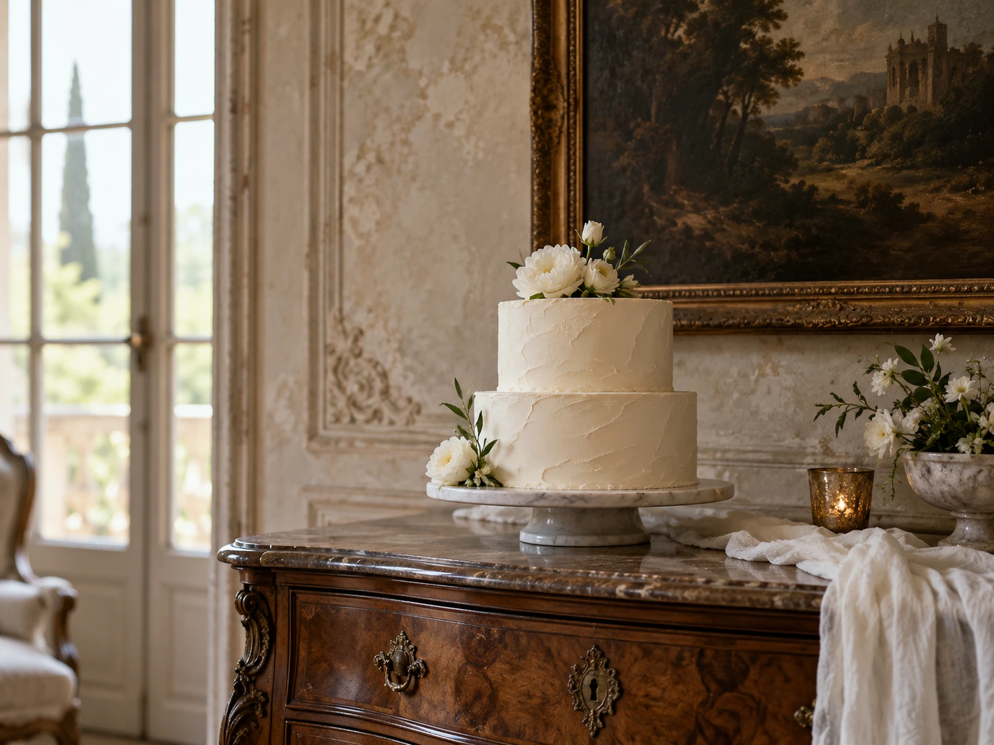Kleine bruidstaart op een antieke tafel in de salon