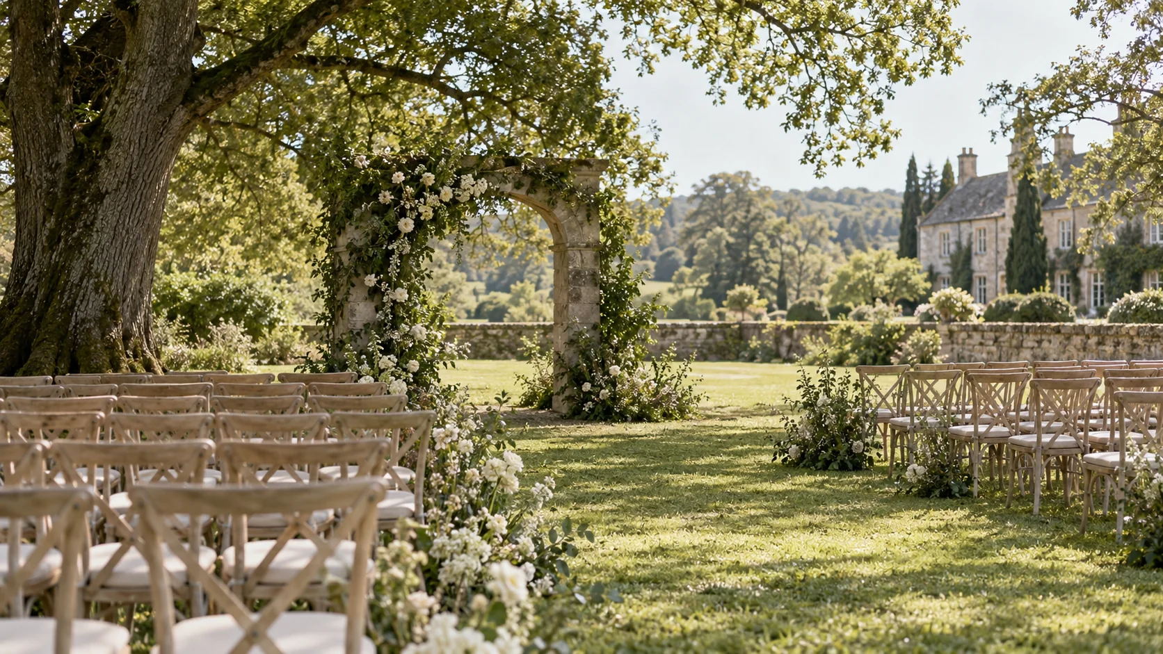Stoelen voor de ceremonie in de tuin onder oude bomen